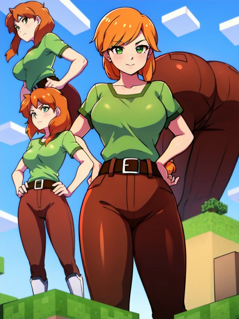 (masterpiece, best quality, ultra HD anime quality, super high resolution, 1980s / (style), anatomically correct, perfect anatomy), (side view, from below), looking into the camera, minecraft,
(alex), one girl, realistic,
orange_hair, facial_hair, l_hair, green_eyes, blush, smiling, chest, hands_on_hands, hands_on_hips, belt, green_shirt, brown_pants, boots, shirt, alex, shesho, clouds, day, sky, blue_sky,