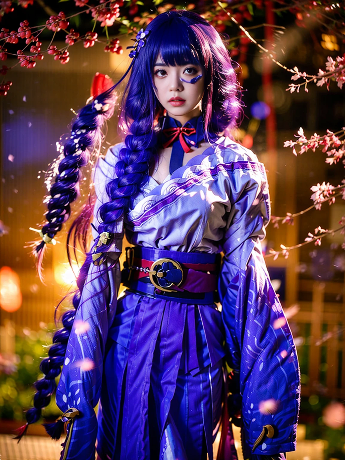 Raiden Normal Fine Clothes White Clothes Blunt Bangs Braids (middle chest: 1.4) wide sleeve clothes(kimono) hair accessories daywear (red belt: 1.4) (bright purple hair: 1.4) very long hair, straight hair, delicate face, cold face, (smooth chin: 0.85), looking at the audience, beautiful eyes, detailed eyes, skirt, (sunset: 1.4), from the side, (cherry tree: 1.5), photon mapping, Physically Based Rendering, RAW photos, highly detailed background, (real photo: 1.35), high resolution, aspect, front, (Ulzzang-6500: 0.4)，(((closeup of face))),bright light, front lighting, face shot