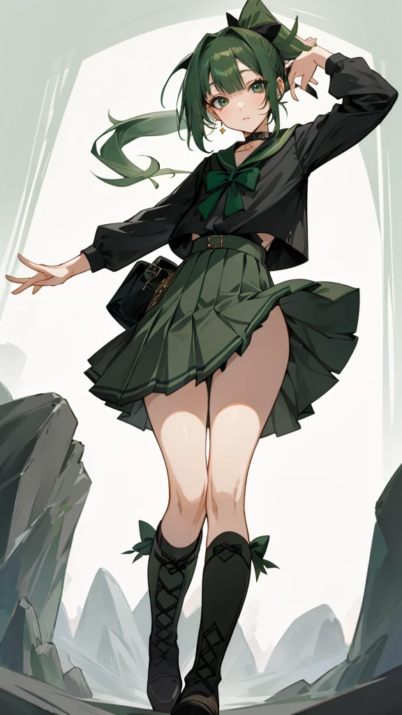 best quality, masterpiece, perfect anatomy, 4k, One woman, Dark green hair, long ponytail, jovial, friendly, pleasant smile, pretty smile, open mouth smile, Gentle feeling, rock fashion, pleated skirt, long boots