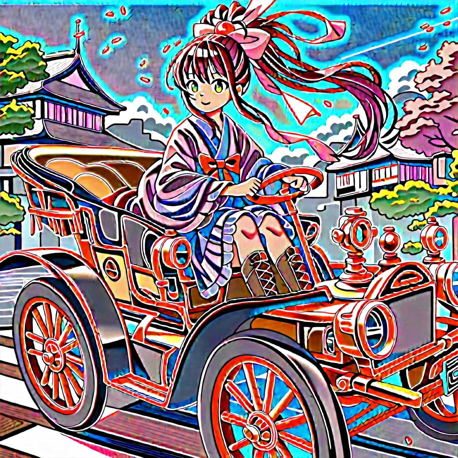 score_9, score_8_up, score_7_up, source_anime,masterpiece, best quality, high resolution, extremely detailed CG, absurdres, highres, In the Taisho era of Japan, a wealthy Japanese girl with a ponytail and a bow wore a Japanese dress and short boots from the Taisho era, and drove a golden high-end antique car on the road of Tokyo in the 1920s, in spring, with a blue sky, driving, ((holding steering wheel))