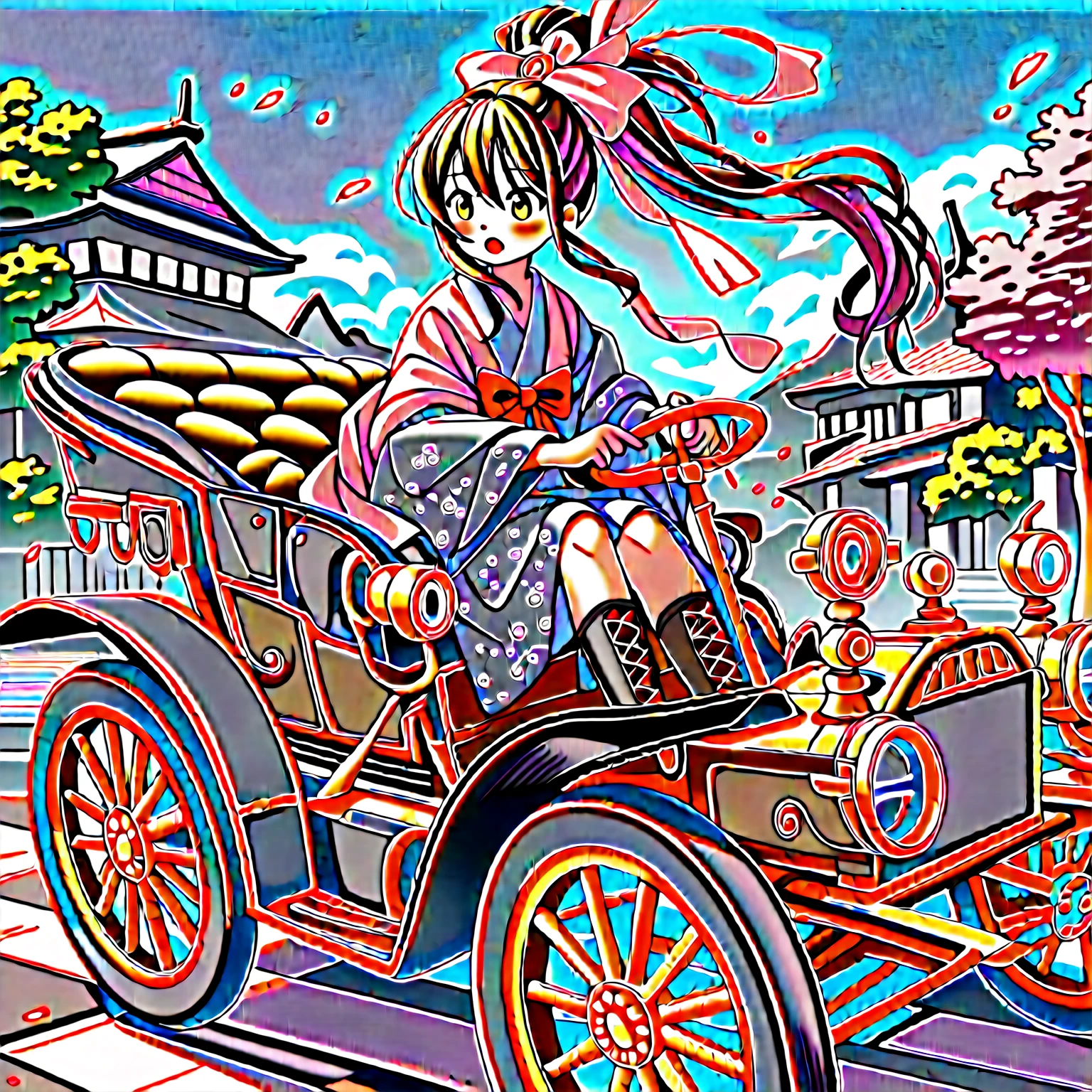 score_9, score_8_up, score_7_up, source_anime,masterpiece, best quality, high resolution, extremely detailed CG, absurdres, highres, In the Taisho era of Japan, a wealthy Japanese girl with a ponytail and a bow wore a Japanese dress and short boots from the Taisho era, and drove a golden high-end antique car on the road of Tokyo in the 1920s, in spring, with a blue sky, driving, ((holding steering wheel))