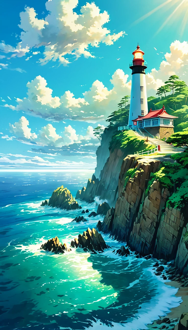 The ocean is right in front of you、Tropics、Ocean、ocean shore、cliff、Bungalow、Resort、turquoise blue、Emerald green、sunshine、water surface、rock、cloud、blue sky、buzzer、Paradise、beautiful、vivid、nature、trip、vacations、beautiful Anime Scenery, Landscape painting, Lighthouse, Beautiful digital painting, andreas rocha, Beautiful artwork illustration, Awesome Wallpapers, Raymond Han, tall beautiful painting, Studio Greebly New Ocean Makoto, Beautiful Wallpaper, Anime Scenery