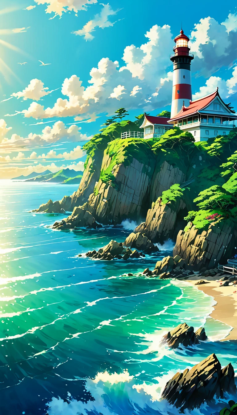 The ocean is right in front of you、Tropics、Ocean、ocean shore、cliff、Bungalow、Resort、turquoise blue、Emerald green、sunshine、water surface、rock、cloud、blue sky、buzzer、Paradise、beautiful、vivid、nature、trip、vacations、beautiful Anime Scenery, Landscape painting, Lighthouse, Beautiful digital painting, andreas rocha, Beautiful artwork illustration, Awesome Wallpapers, Raymond Han, tall beautiful painting, Studio Greebly New Ocean Makoto, Beautiful Wallpaper, Anime Scenery