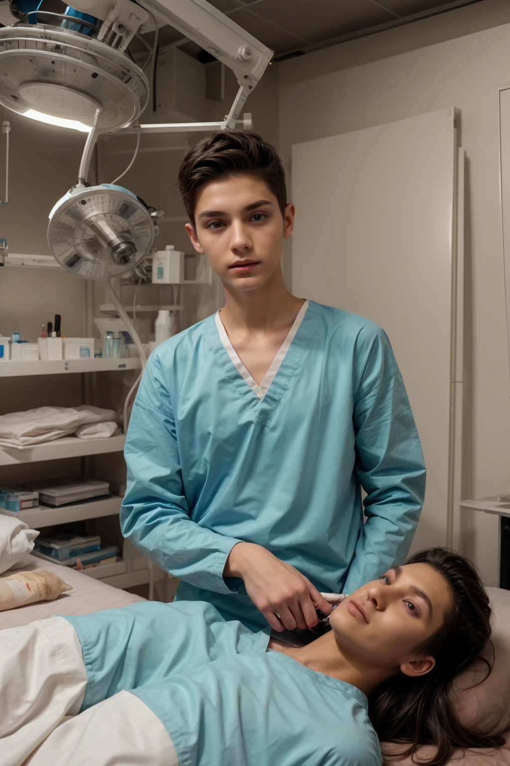 A beautiful young male twink with a face with reddish makeup. He has black hair. He is wearing a long-sleeved white shirt and aqua blue pants. He is in the surgical operating room, working as a surgical genius. Behind him are medical devices and medical tools, and an autopsy on a corpse on a medical bed.