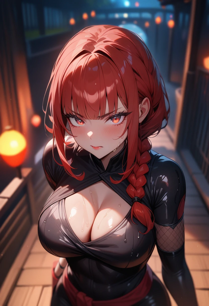 1girl,solo,super detailed skin,shiny skin,wet oily skin,serious face,lips gloss,eyelashes,glowing red eyes,red hair,blunt bangs,sidelocks,a braid,large breasts,body suit,Shinobi clothes,cleavage cutout,fishnet,night bridge,masterpiece,best quality,ultra detailed,high resolution,sharp focus,depth of field,