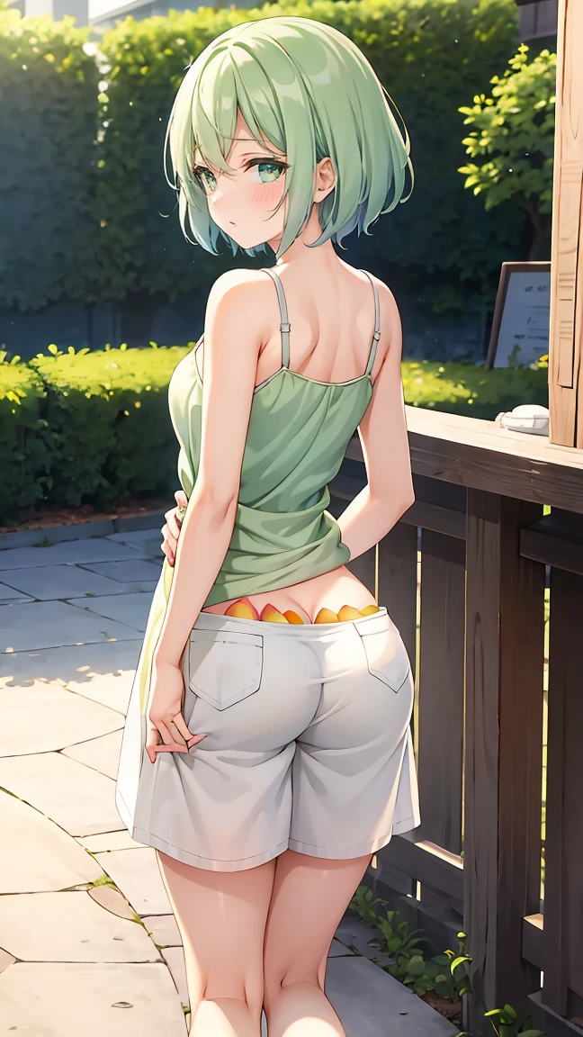 Girl with short green hair, Small breasts, Green Eyes, White Casual Wear Beauty Special、(((Peachy Butt))),Full body photo from head to toe、Leaning forward、A composition that makes the buttocks redundant、Waistline
