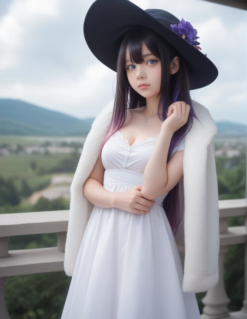 score_9, score_8_up, score_7_up, score_6_up,score_anime, realistic,real,photorealistic,cowboy shot,1girl, , black hair, black headwear, blue eyes, blurry, blurry background, breasts, closed mouth, cloud, cloudy sky, colored inner hair, depth of field, dress, facing viewer, fur trim, fur-trimmed coat, gradient hair, hair between eyes, halo, hand up, hat, jewelry, light blush, long hair, looking at viewer, medium breasts, multicolored hair, necklace, outdoors, own hands together, parted lips, profile, purple flower, purple hair, short sleeves, sidelocks, sky, solo, standing, very long hair, white dress