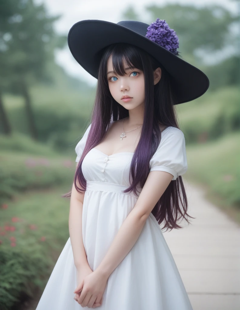 score_9, score_8_up, score_7_up, score_6_up,score_anime, realistic,real,photorealistic,cowboy shot,1girl, , black hair, black headwear, blue eyes, blurry, blurry background, breasts, closed mouth, cloud, cloudy sky, colored inner hair, depth of field, dress, facing viewer, fur trim, fur-trimmed coat, gradient hair, hair between eyes, halo, hand up, hat, jewelry, light blush, long hair, looking at viewer, medium breasts, multicolored hair, necklace, outdoors, own hands together, parted lips, profile, purple flower, purple hair, short sleeves, sidelocks, sky, solo, standing, very long hair, white dress