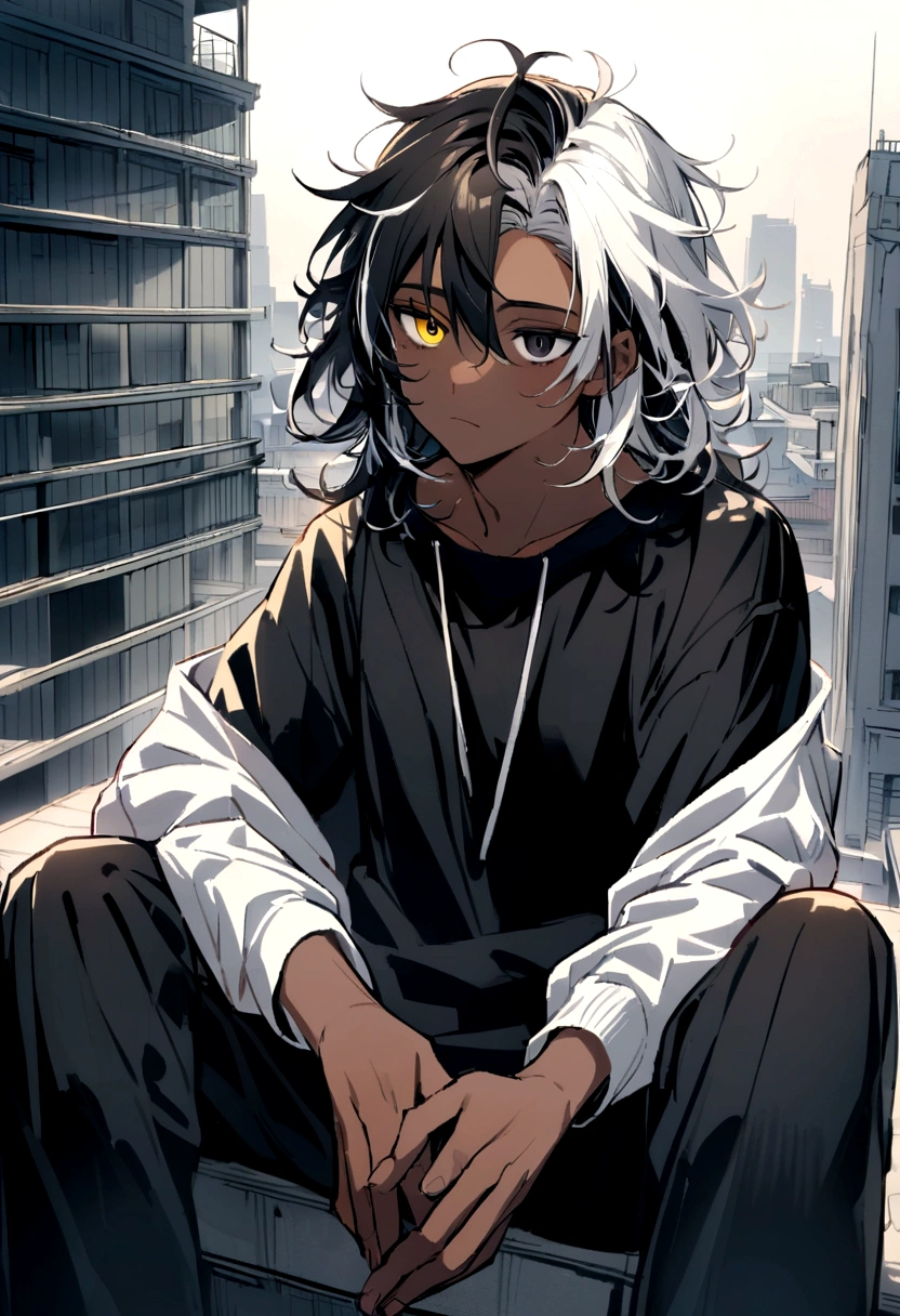 white shirt, wearing a black sweatshirt with silver details , yellow and black eyes heterochromia, expression of calm, Messy hair , Medium length hair , 1 men , multicolored black and white hair ( focus on hair containing both colors) , two tone hair , dark skin color, on top of a building, with your hands in your sweatshirt pocket, is sitting, on its coast it is possible to see the rest of the city