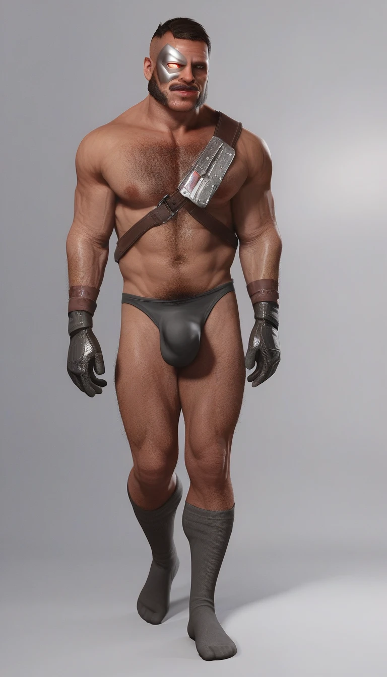 score_9, score_8_up, score_7_up, solo, male focus, mature male,  mkkan0, cybernetic eye, mutton chops, h4rness,  charming, full body shot, fully naked only wearing black detailed suit socks, mascular legs, hairy chest, hairy body, big foot, wearing black slip underwear, bulge