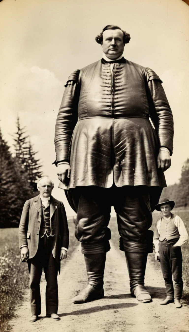 Old souvenir photo: Very large man, 80 feet long standing next to 2 people and taking photos. The photo was taken in 1750