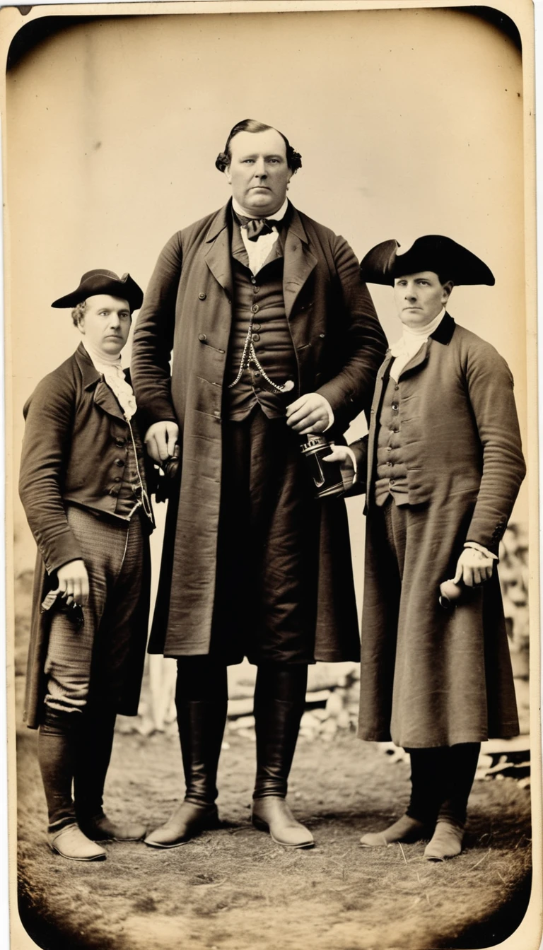 Old souvenir photo: Very large man, 80 feet long standing next to 2 people and taking photos. The photo was taken in 1750