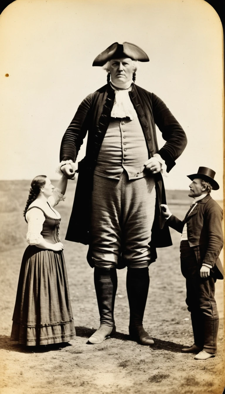 Old souvenir photo: Very large man, 80 feet long standing next to 2 people and taking photos. The photo was taken in 1750
