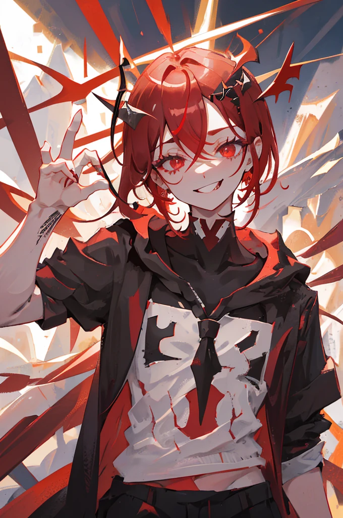 Young man, man, short red hair, close-up portrait, psychotic, crazy smile, bright eyes, red eyes, devil, horns, red complexion, schoolboy outfit, cross earring, black piercing, black tattoo, tight outfit, long eyelash, freckle, sensual pose, posing, looking at the lens, tongue sticking out, reptile tongue.