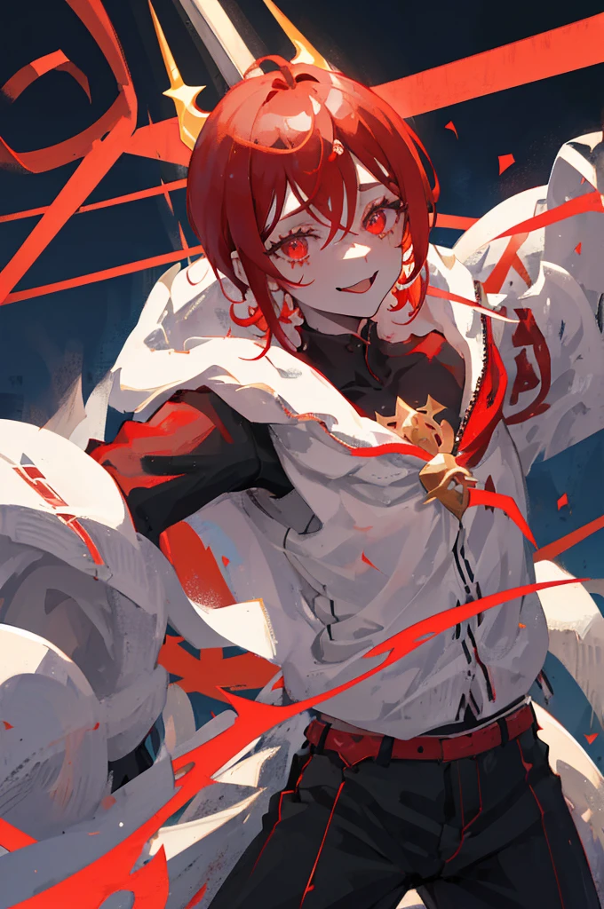 Young man, man, short red hair, close-up portrait, psychotic, crazy smile, bright eyes, red eyes, devil, horns, red complexion, schoolboy outfit, cross earring, black piercing, black tattoo, tight outfit, long eyelash, freckle, sensual pose, posing, looking at the lens, tongue sticking out, reptile tongue.