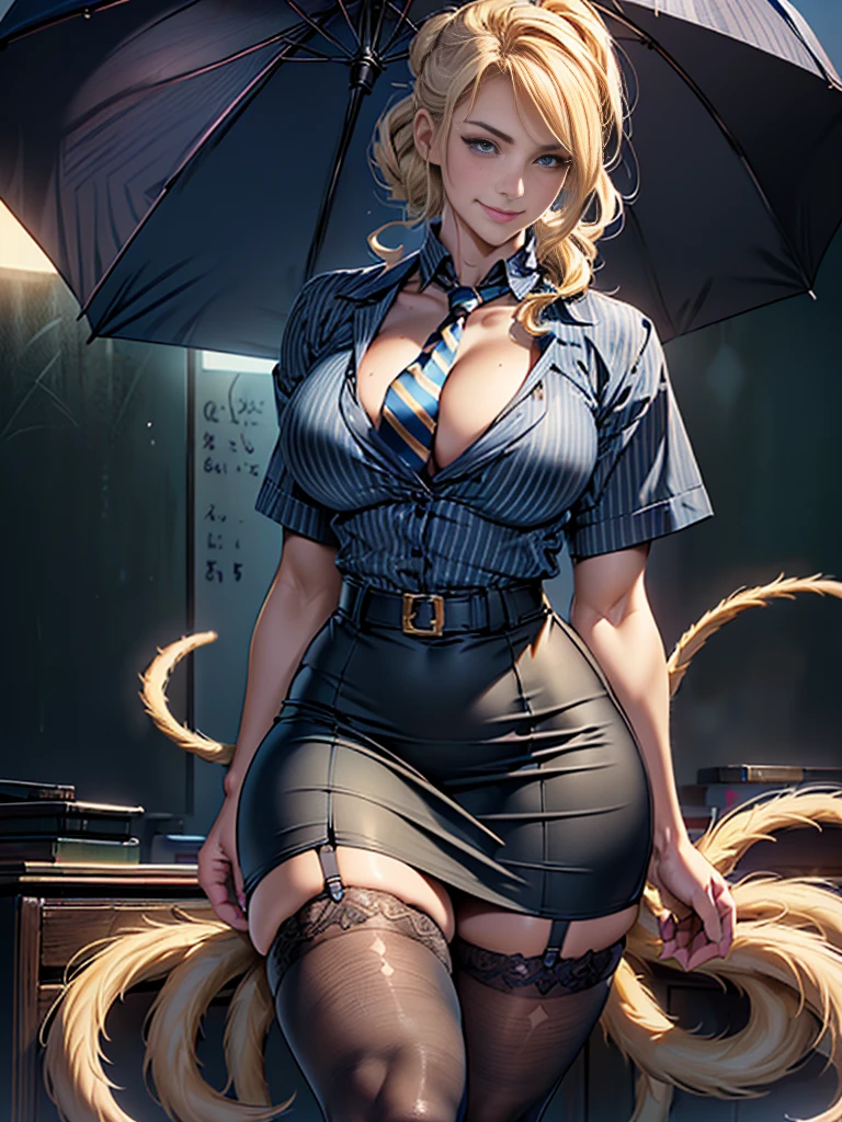 (((Perfect Anatomia, super detailed skin))), Policerman, shining skin, breasts big:0.5, looking away, seeking out, pretty face, beautiful detailed eyes, (pelo largo:1.5, two tails:1.7), blond bun hair, com beautiful detailed eyes, ((dark blue eyes)), lonely images, Body cute, beautiful thighs, beautiful legs, baby face, mole under the eye, ((uniforme de Policerman, light blue short sleeve shirt, Very curvy navy blue tie, blonde low ponytail, yellow eyes umbrella, fleshy lips, seducer, smiling, teacher, open black button, striped blazer, Fitted pencil skirt, garter belt stockings, thick-thighs, curvy physique