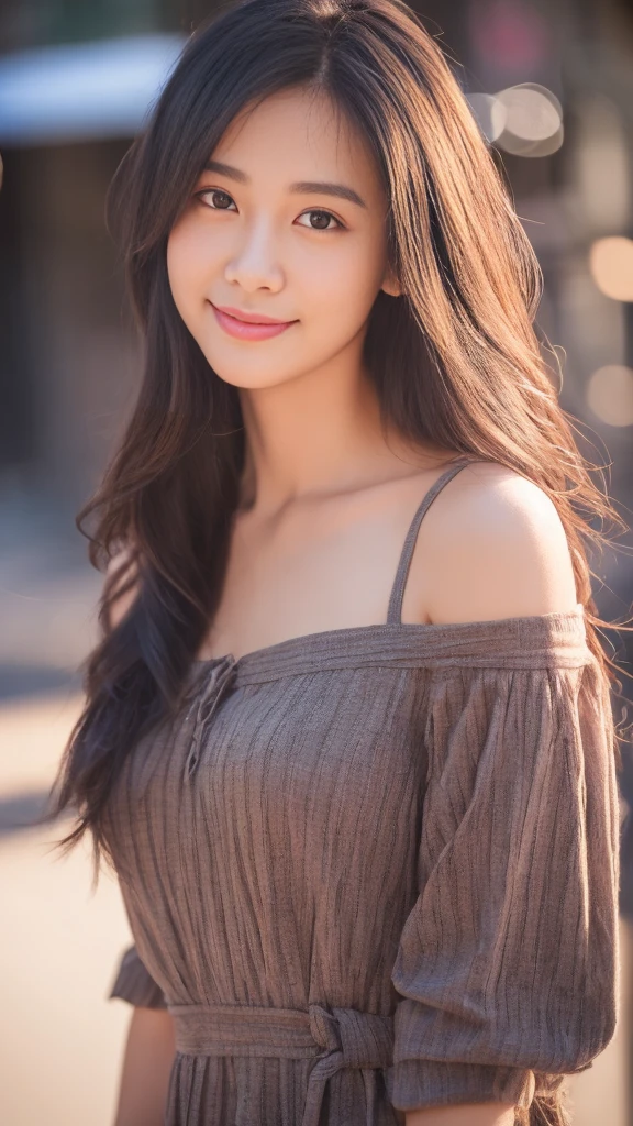 randome pose, mix4, (8K, Raw photography, top-quality, masterpiece: 1.45), (realisitic, Photorealsitic: 1.37), one girls, cute little, A smile、Cityscape, natta, profetional lighting, cafes,street,photon maping, Radio City, physically-based renderingt, Gradient black hair, white hair, Semi-long loose hair, a handsome, girl with, large full breasts,Dress-off shoulder, top quality photo, hight resolution, 1080p, (clearface), (Detailed face description), (Detailed hand description), (masterpiece), realisticlying, extreme light and shadows, dishevled hair, masterpiece, lush detail, (Fine facial features), (Highest Quality Photos), (masterpiece), (finely eye), dual、Look in front of you, Fine clavicle,Emphasis on the armpits、Show lower milk