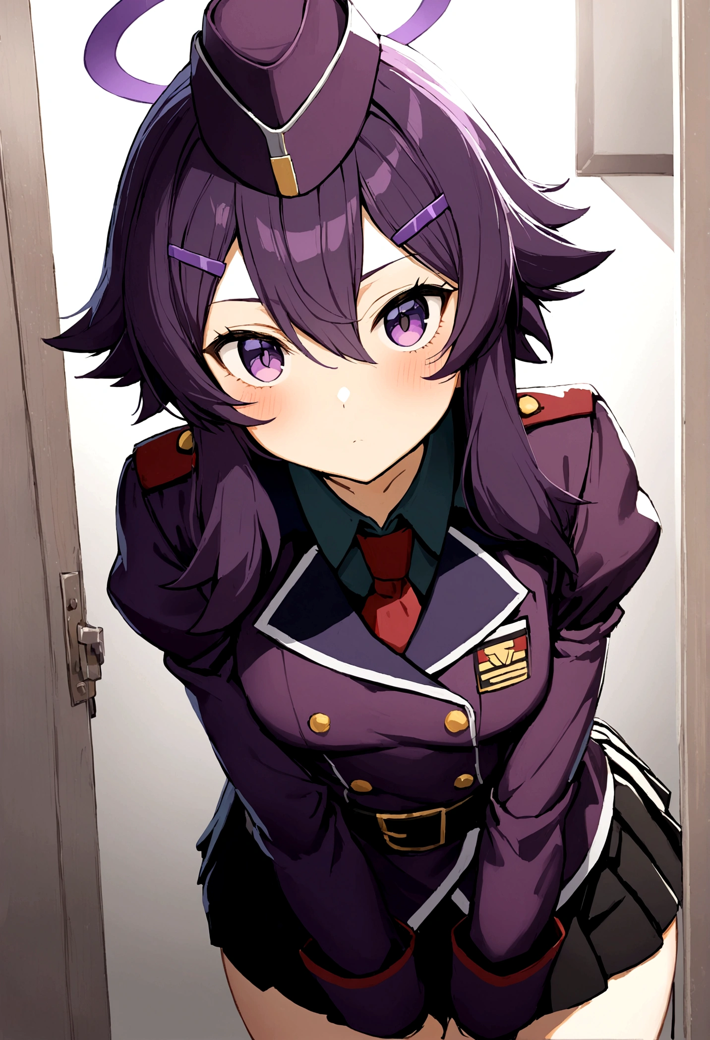 1girl,haruka, purple hair, short hair, hair between eyes, sidelocks, hairclip, purple eyes, halo, military uniform, garrison cap, purple jacket, red shirt, collared shirt, long sleeves, juliet sleeves, black belt, miniskirt, pleated skirt, black skirt,