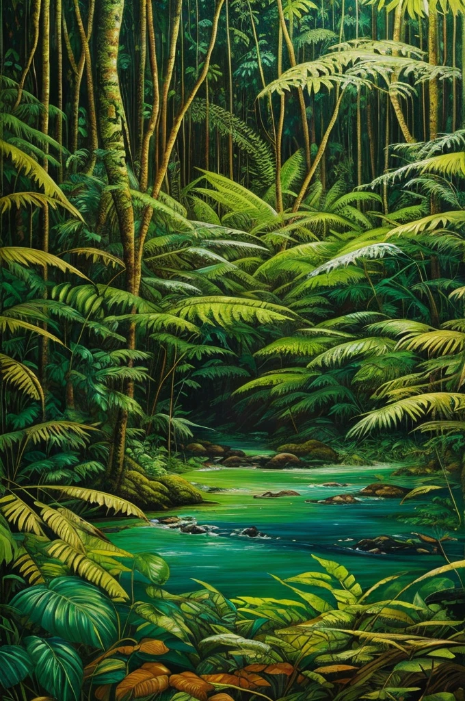 "Vivid greens and earthy browns meld on the canvas, capturing the dense foliage of a jungle in acrylic paint. The brushstrokes swirl, creating an illusion of depth amidst the vibrant chaos of nature."