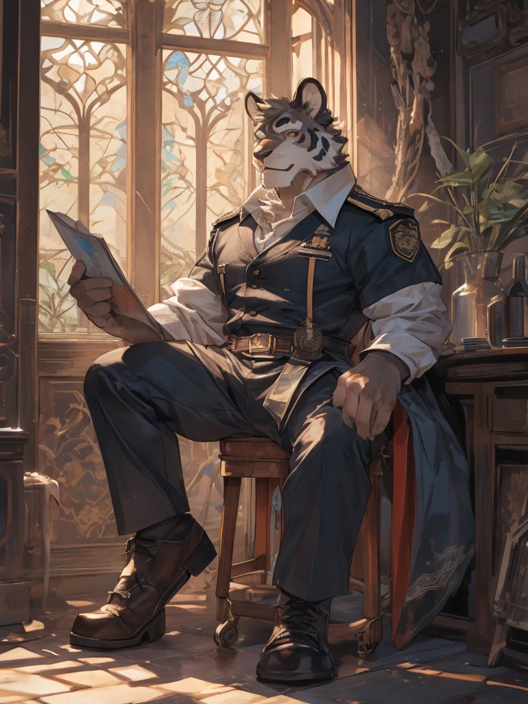 {{bara extremely handsome white tiger,}} {{white fur,}} white, wearing military like purple trench coat, purple trousers, white dress shirt and necktie, white fluffy furry body and limbs, loafers, very tall, very broad shoulders, narrow waist, muscular arms, massive pecs, purple eyes, very long legs, sitting on swivel chair with legs spread, massive bulge, reading file, sophisticated hot look, full body, sunlight casting over, 3/4 view, best quality, high quality, silver earring on left ear, sultry smirk