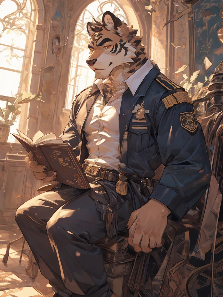 {{bara extremely handsome white tiger,}} {{white fur,}} white, wearing military like purple trench coat, purple trousers, white dress shirt and necktie, white fluffy furry body and limbs, loafers, very tall, very broad shoulders, narrow waist, muscular arms, massive pecs, purple eyes, very long legs,  sitting on swivel chair with legs spread, massive bulge, reading file, sophisticated hot look, full body, sunlight casting over, 3/4 view, best quality, high quality, silver earring on left ear, sultry smirk