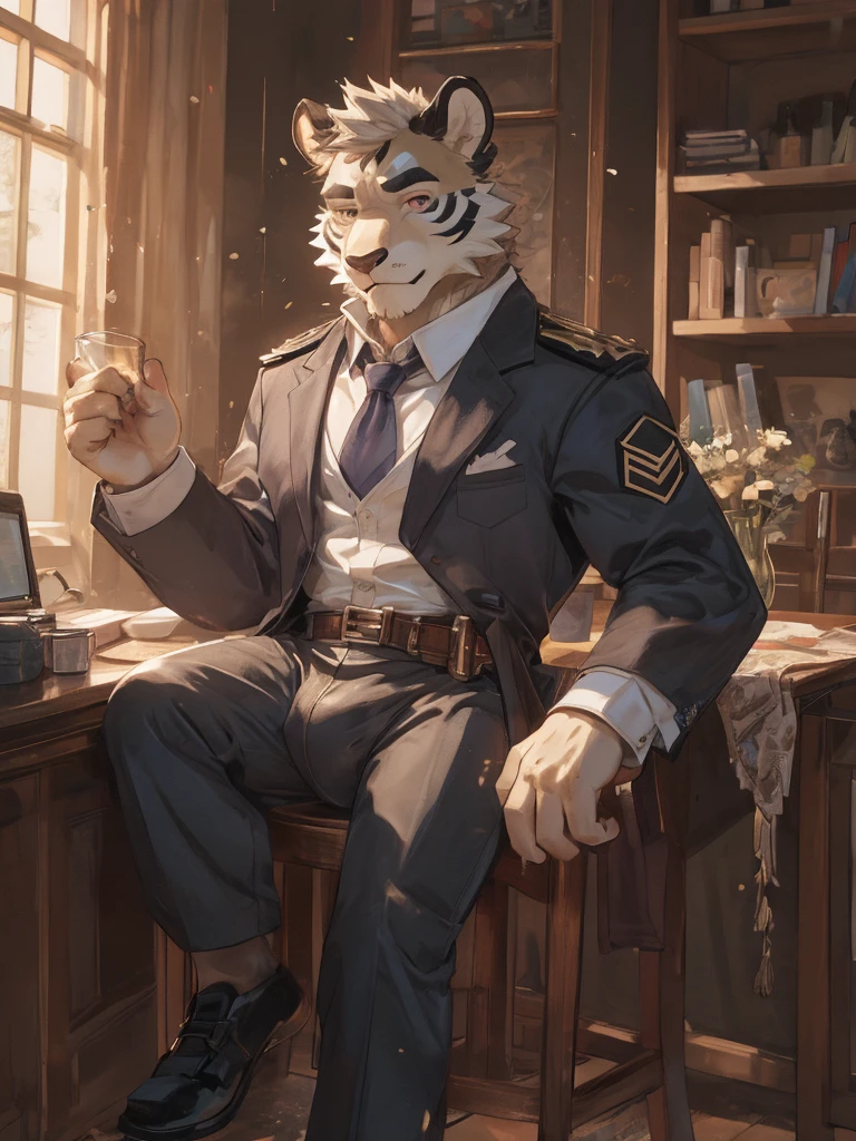 {{bara extremely handsome white tiger,}} {{white fur,}} white, wearing military like purple trench coat, purple trousers, white dress shirt and necktie, white fluffy furry body and limbs, loafers, very tall, very broad shoulders, narrow waist, muscular arms, massive pecs, purple eyes, very long legs, sitting on swivel chair with legs spread, massive bulge, reading file, sophisticated hot look, full body, sunlight casting over, 3/4 view, best quality, high quality, silver earring on left ear, sultry smirk