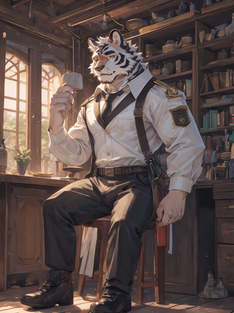 {{bara extremely handsome white tiger,}} {{white fur,}} white, wearing military like purple trench coat, purple trousers, white dress shirt and necktie, white fluffy furry body and limbs, loafers, very tall, very broad shoulders, narrow waist, muscular arms, massive pecs, purple eyes, very long legs, sitting on swivel chair with legs spread, massive bulge, reading file, sophisticated hot look, full body, sunlight casting over, 3/4 view, best quality, high quality, silver earring on left ear, sultry smirk