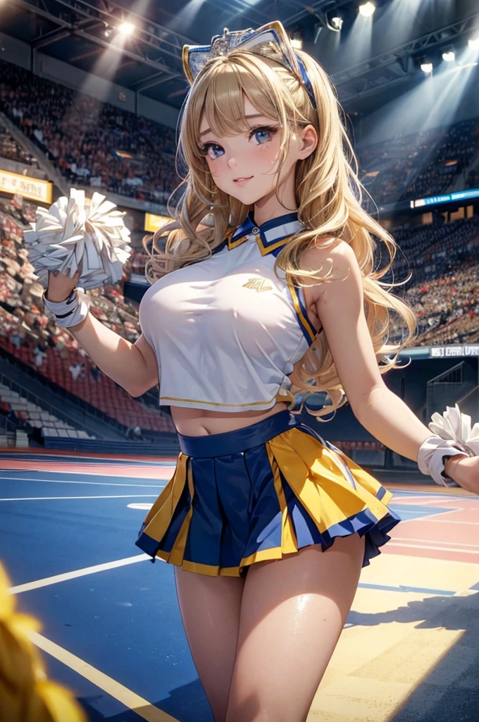 Absurd, Super detailedな,(In 8K:1.3),Masseter muscle area,(masterpiece:1.2)、(Highest quality)、4K、Super detailed、(Movement Structure:1.4)、(Shining Lights、Atmosphere lighting), High resolution, Best Quality、(One girl:1.4),Super detailedな,Bright colors、Treebreak Production Art、(Warm color light source:1.2),High-level image quality、Fine image quality、Intricate details,Volumetric Lighting,Realism BREAK、Profile、 Idol face、、Very beautiful face and eyes, Beautiful images、natural make up、 big eyes, (Big Tits:1.2)、(Breast bag:1.2)、(glossy skin :1.5)、(Baby Face:1. leg up, standing:1.5)、Plump thighs、 (Stadium:1.2) 、 (blonde hair,wavy hair:1.2)、 (((wearing cheerleader costume)))、 smile