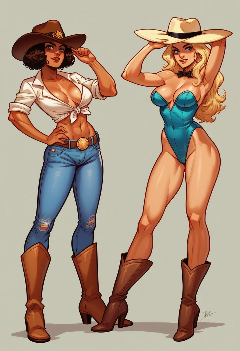 arafed woman in cowboy boots and a cowboy hat posing for a picture, daisy dukes, cowgirl, carmen electra, pamela anderson, cow-girl, playboy centerfold, kristanna loken, western cowgirl, posing for playboy photoshoot, margot robbie, giorgia meloni, rebecca romijn as dorothy, sexy movie photo, with hat, jeans and boots