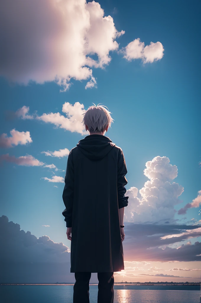 Image with a feeling of loneliness with an anime man character looking at the skies 
