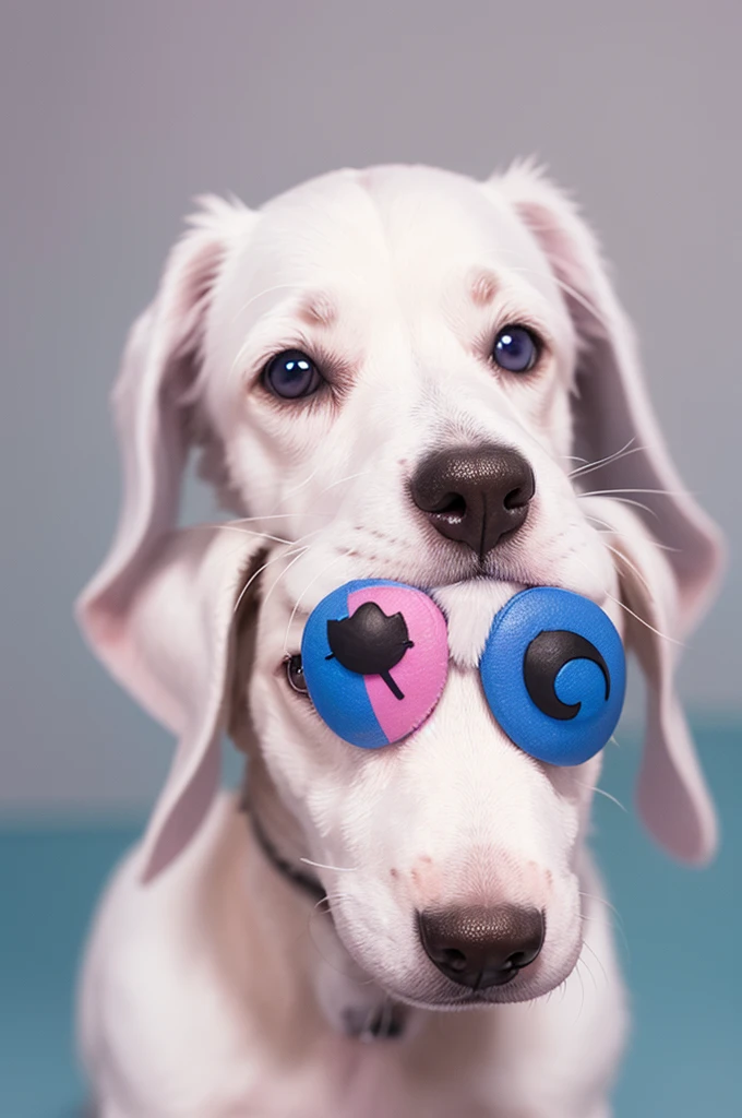 white dachshund with small brown spots with pink nose with blue right eye and smaller left eye wearing an eye patch wearing Luiz Gonzaga&#39;s leather hat and a brown scarf tied around his neck 
