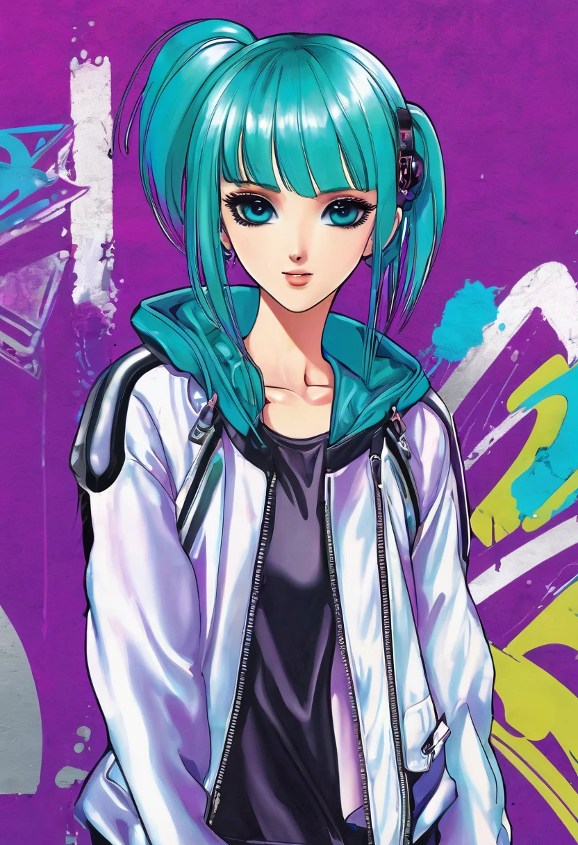"Create an anime-style girl with a distinctive appearance: she has shoulder-length teal hair and bright purple eyes that shimmer with curiosity. Her outfit is a mix of casual and futuristic elements, blending a sleek jacket with high-tech accessories. Place her in a lively urban setting, where colorful graffiti decorates the walls behind her, adding to the dynamic atmosphere."