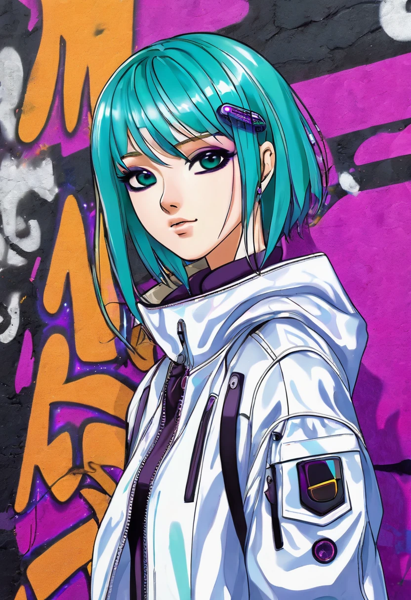 "Create an anime-style girl with a distinctive appearance: she has shoulder-length teal hair and bright purple eyes that shimmer with curiosity. Her outfit is a mix of casual and futuristic elements, blending a sleek jacket with high-tech accessories. Place her in a lively urban setting, where colorful graffiti decorates the walls behind her, adding to the dynamic atmosphere."