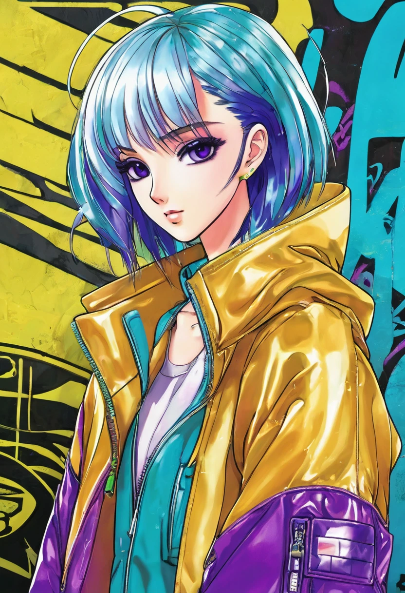 "Create an anime-style girl with a distinctive appearance: she has shoulder-length teal hair and bright purple eyes that shimmer with curiosity. Her outfit is a mix of casual and futuristic elements, blending a sleek jacket with high-tech accessories. Place her in a lively urban setting, where colorful graffiti decorates the walls behind her, adding to the dynamic atmosphere."