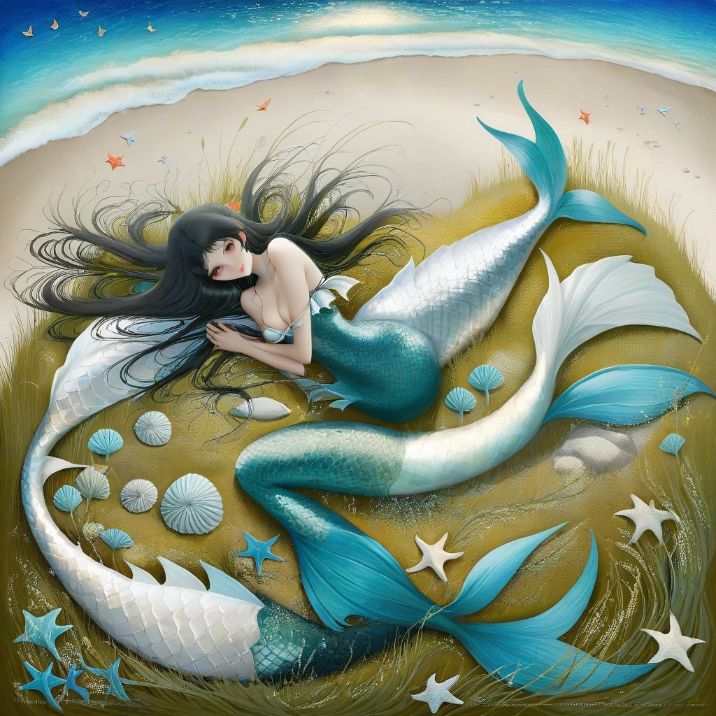 Art style by Klimt, Sam Toft, Florine Stettheimer, Dina Wakley, Catrin Welz-Stein, Gabriel Pacheco, Elisabeth Fredriks. mermaid, fishtail with silver scales, long black hair, lying by the sea. Around her a very large beach with pinwheels, coral, marsh grass