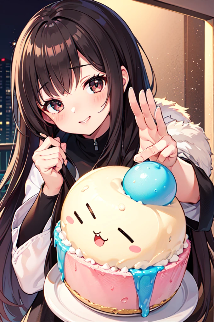 cuteガールフレンドが視聴者をお出迎えします,Sending kisses to the audience,Wink,welcome,cute,Adorable,1 Girl:,cute部屋着:Pique Ice Cream:Fluffy white and pink,The epitome of cuteness,Too cute for my taste,Blurred Background,Focus on the girl, Smooth, Shiny brown hair,like,Highest quality,masterpiece,Super cute,Intricate details,eyelash,Big black eyes,The best configuration,Anatomically correct,lover,Illustrations that make the viewer feel light-hearted,Close one eye,Show off your lips,Put your hands out in front of you