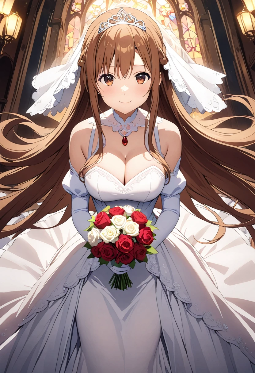 Highest quality、Super detailed、High resolution illustrations、Ultra-high-definition CG、8k size wallpaper、Production Art、Light novel illustrations、(1People Girls)、asuna yuuki, long hair, bangs, brown hair, brown eyes, very long hair, braid、dress, bare shoulders, detached sleeves, white dress, A smile full of happiness、Puff sleeves、Wedding Veil、tiara、Cleavage cutouts、Red brooch、Wedding dress、White Dress、White Gloves、Long skirt、White stiletto heels、Holding a bouquet in both hands、spoken heart
