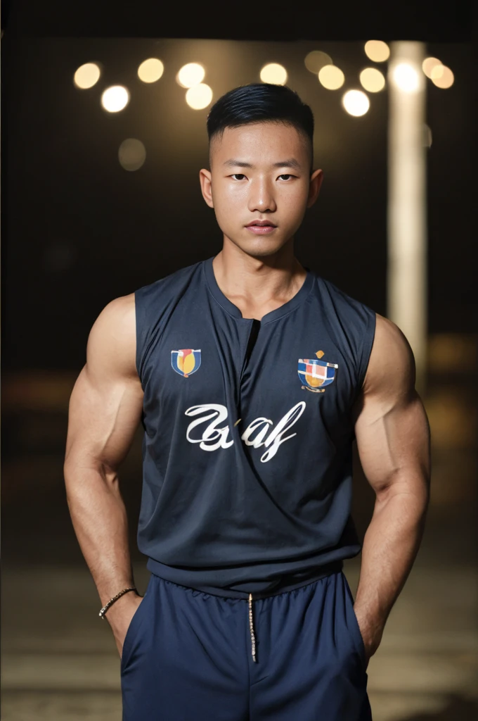 ((Highest quality, 8K, Masterpiece:1.3)),Thailand Laos Burma Asia,Thai man buzz haircut,A handsome Asian sport short hair,a muscular beard,and big muscles.,1A man who has,yo,Good appearance,Beautiful nose,Detailed eyes and face,beautiful light,(studio),high resolution,(Look at the viewer.),Fine mouth,whole body:1.5,perfect shape:1.3,Picture of both shoulders:1.3,(t-shirt:1.2),black cargo pants,wristband,landscape,(The background is Bokeh:1.2),on the sea,(fur-trimmed_jacket:1.2),