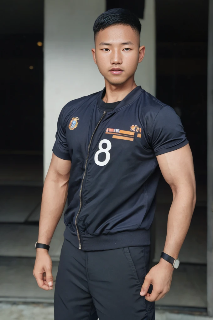 ((Highest quality, 8K, Masterpiece:1.3)),Thailand Laos Burma Asia,Thai man buzz haircut,A handsome Asian sport short hair,a muscular beard,and big muscles.,1A man who has,yo,Good appearance,Beautiful nose,Detailed eyes and face,beautiful light,(studio),high resolution,(Look at the viewer.),Fine mouth,whole body:1.5,perfect shape:1.3,Picture of both shoulders:1.3,(t-shirt:1.2),black cargo pants,wristband,landscape,(The background is Bokeh:1.2),on the sea,(fur-trimmed_jacket:1.2),