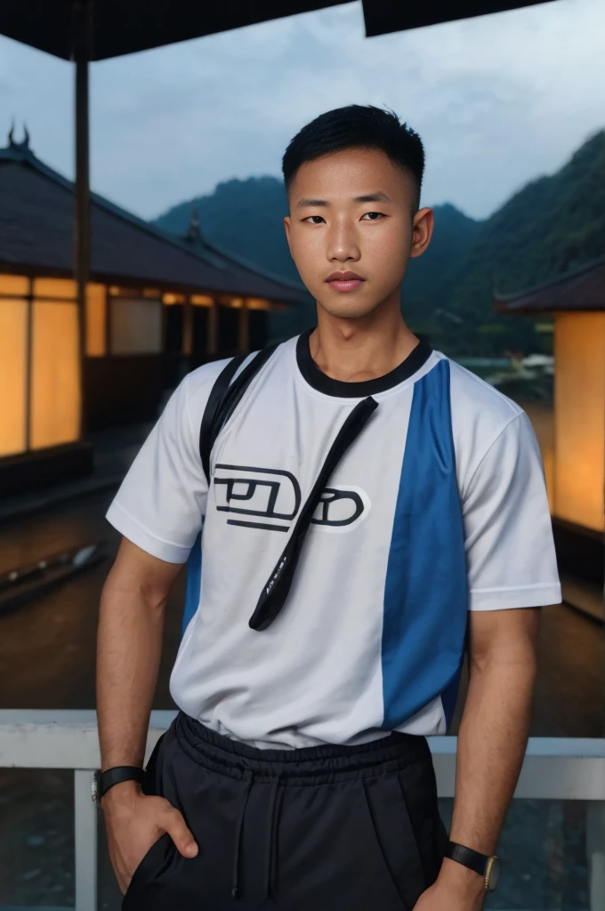 ((Highest quality, 8K, Masterpiece:1.3)),Thailand Laos Burma Asia,Thai man buzz haircut,A handsome Asian sport  short hair,a muscular beard,and big muscles.,１A man who has,yo,Good appearance,Beautiful nose,Detailed eyes and face,beautiful light,(studio),high resolution,(Look at the viewer.),Fine mouth,whole body:1.5,perfect shape:1.3,Picture of both shoulders:1.3,(t-shirt:1.2),black cargo pants,wristband,landscape,(The background is  Bokeh:1.2),on the sea,(fur-trimmed_jacket:1.2),