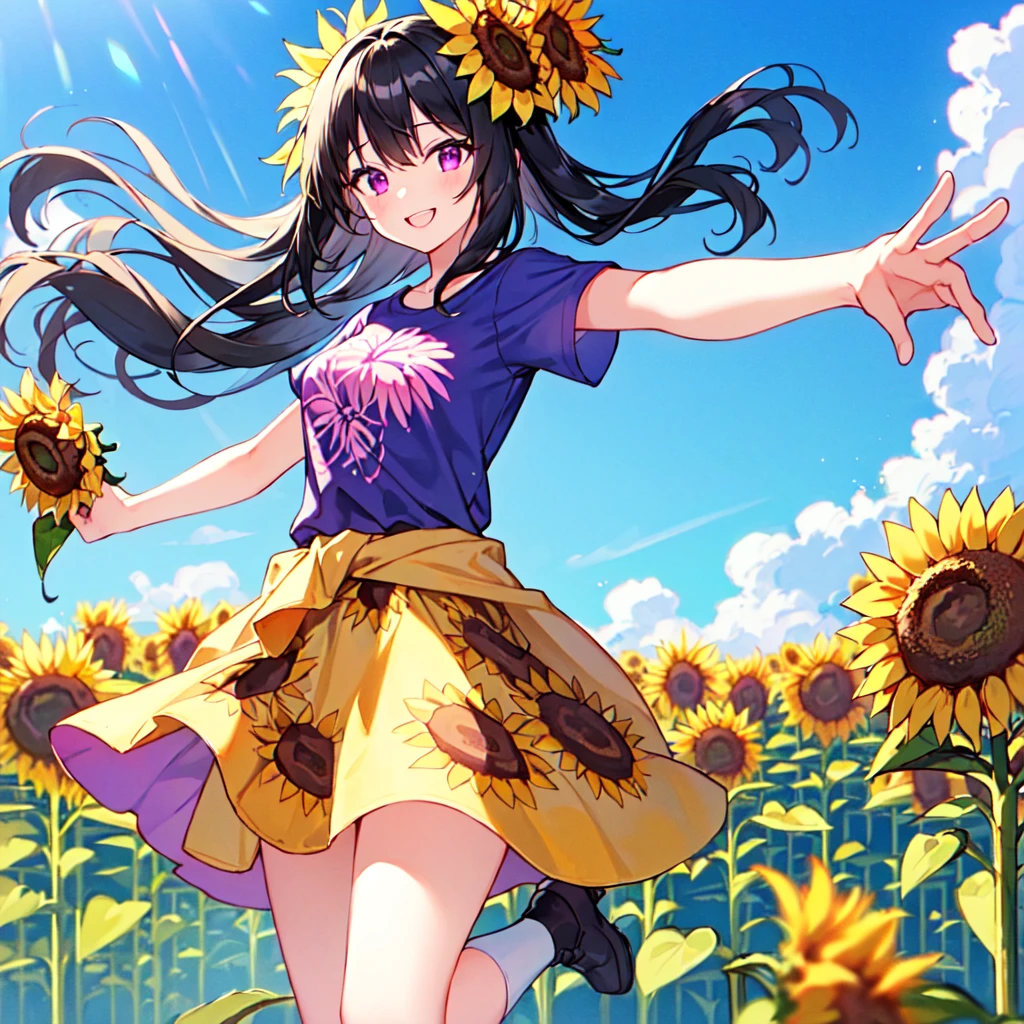 masterpiece, best quality, high quality, extremely detailed, very delicate and beautiful, (1 female 18 years old solo:1.2), (long black hair two-side up to waist:1.4), bangs to eyebrows, eyes Eyebrows glossy, (eye color magenta:1.3), 6.5 head height, ( T-shirt sunflower print fashion:1.3), knee socks, (smiling), (hands outstretched), (standing), (dynamic pose), (background sunflower field:1.3), (blue sky:1.3)