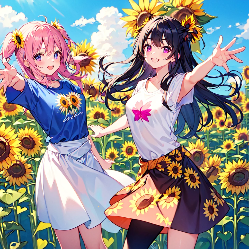masterpiece, best quality, high quality, extremely detailed, very delicate and beautiful, (1 female 18 years old solo:1.2), (long black hair two-side up to waist:1.4), bangs to eyebrows, eyes Eyebrows glossy, (eye color magenta:1.3), 6.5 head height, ( T-shirt sunflower print fashion:1.3), knee socks, (smiling), (hands outstretched), (standing), (dynamic pose), (background sunflower field:1.3), (blue sky:1.3)