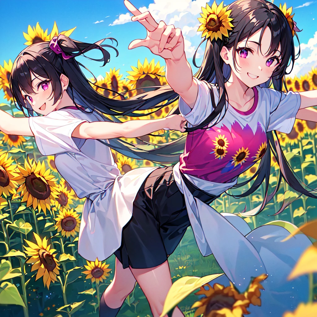 masterpiece, best quality, high quality, extremely detailed, very delicate and beautiful, (1 female 18 years old solo:1.2), (long black hair two-side up to waist:1.4), bangs to eyebrows, eyes Eyebrows glossy, (eye color magenta:1.3), 6.5 head height, ( T-shirt sunflower print fashion:1.3), knee socks, (smiling), (hands outstretched), (standing), (dynamic pose), (background sunflower field:1.3), (blue sky:1.3)