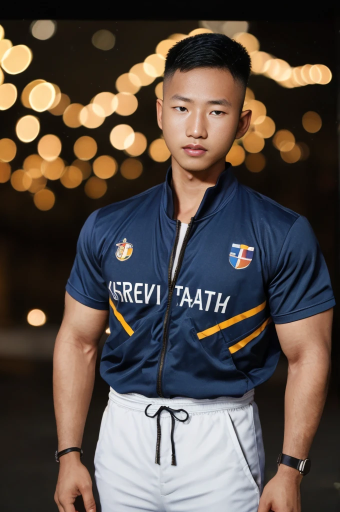 ((Highest quality, 8K, Masterpiece:1.3)),Thailand Laos Burma Asia,Thai man buzz haircut,A handsome Asian sport short hair,a muscular beard,and big muscles.,1A man who has,yo,Good appearance,Beautiful nose,Detailed eyes and face,beautiful light,(studio),high resolution,(Look at the viewer.),Fine mouth,whole body:1.5,perfect shape:1.3,Picture of both shoulders:1.3,(t-shirt:1.2),black cargo pants,wristband,landscape,(The background is Bokeh:1.2),on the sea,(fur-trimmed_jacket:1.2),