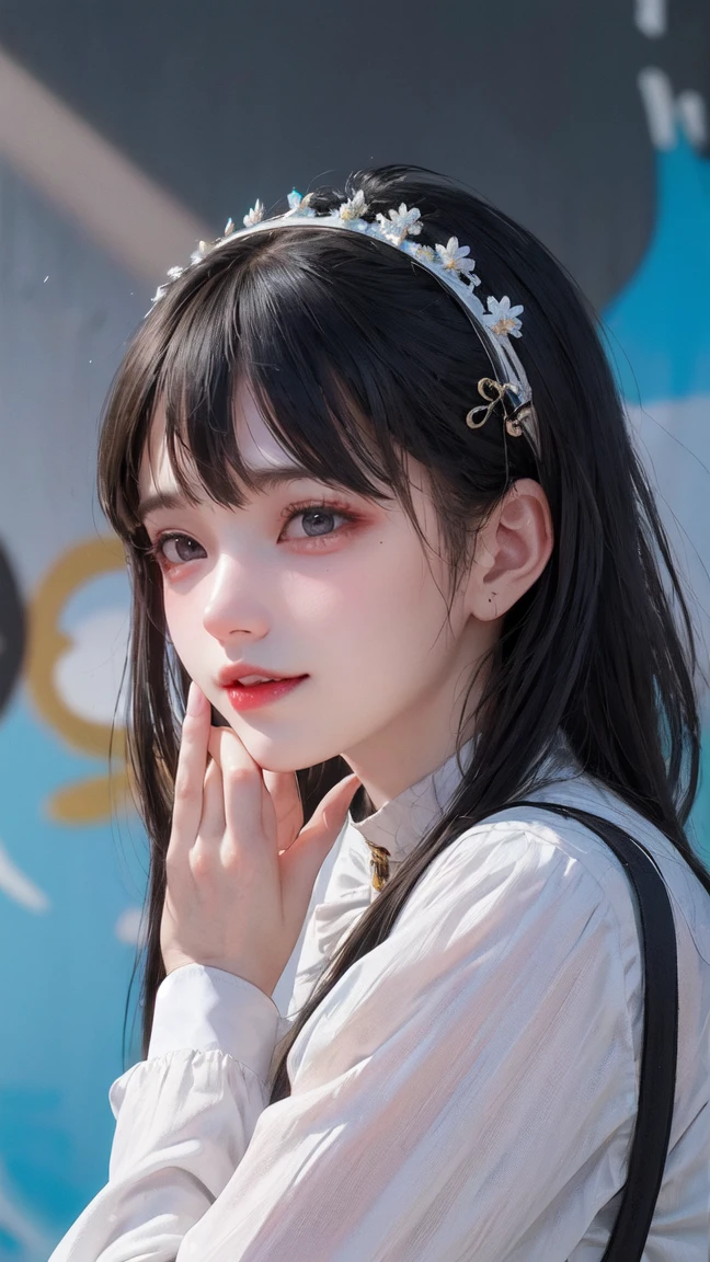 (highest quallity), work of art, 极其细致的CG8K插painting-like, high collar, Extremely high collar saturation, All colors become darker, painting-like, graffiti art, Central composition, Highly detailed light and shadow, parede de graffiti, The walls are painted with bright colors, A girl's graffiti A girl is looking at the wall, The face and eyes are very detailed., Medium length hair, Transparent sportswear, colorful clouds、open sportswear、