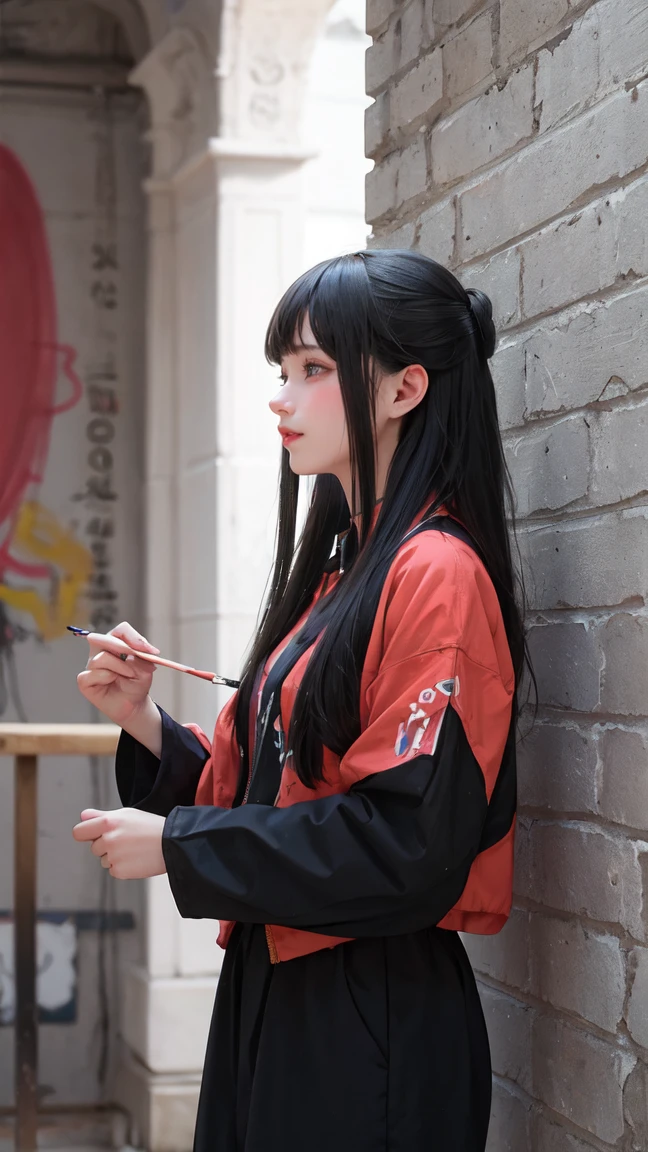 (highest quallity), work of art, 极其细致的CG8K插painting-like, high collar, Extremely high collar saturation, All colors become darker, painting-like, graffiti art, Central composition, Highly detailed light and shadow, parede de graffiti, The walls are painted with bright colors, A girl's graffiti A girl is looking at the wall, The face and eyes are very detailed., Medium length hair, Transparent sportswear, colorful clouds、open sportswear、