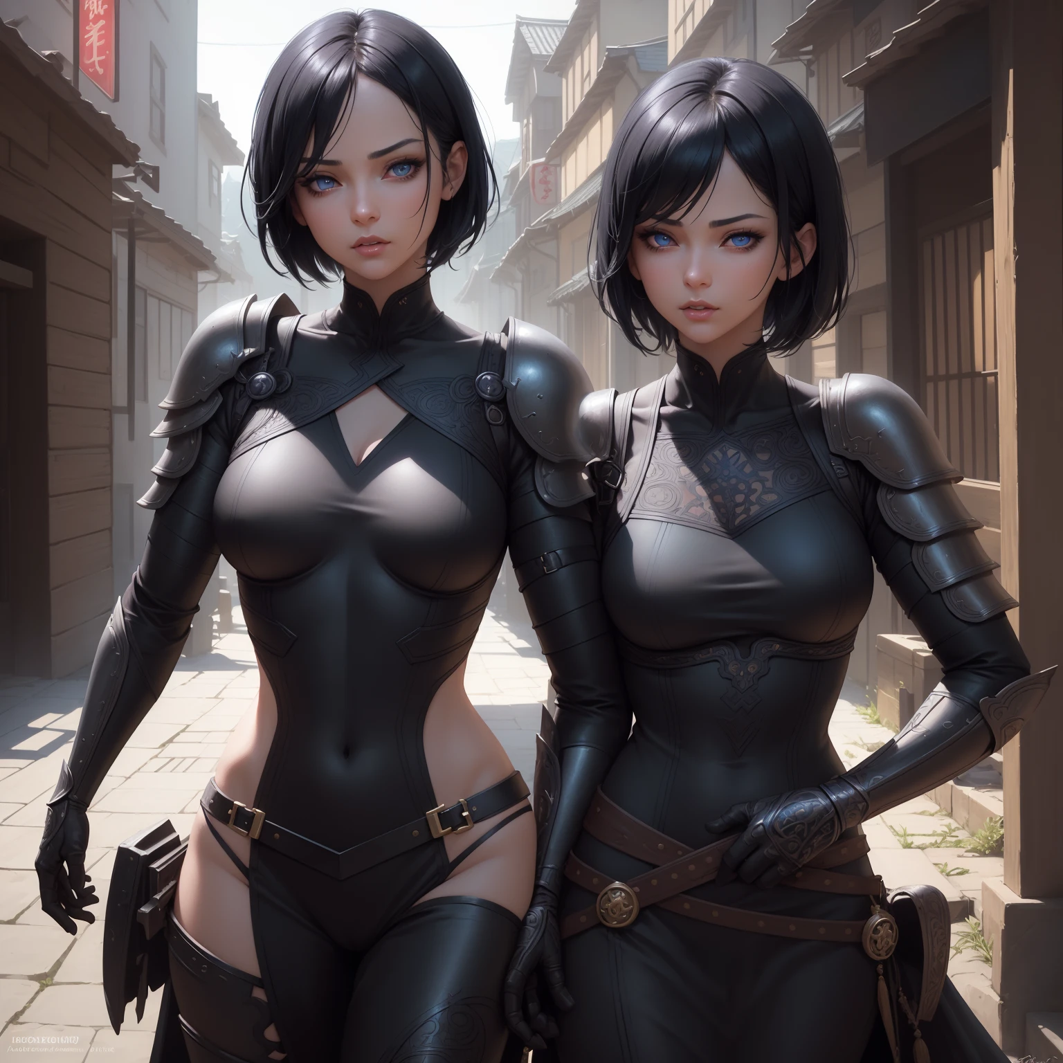 1girl, short bob hair, black hair, small breasts!, blue sky eyes!!!, fair skin, serious face, sexy tight black ninja outfit, night!!, medieval japanese town, very sexy body, detailed face, beautiful detailed eyes, beautiful detailed lips, extremely detailed eyes and face, long eyelashes, detailed clothing, intricate details, highly detailed, photo realistic, 8k, best quality, masterpiece, cinematic lighting, dramatic lighting, vibrant colors, fantasy, digital art, concept art