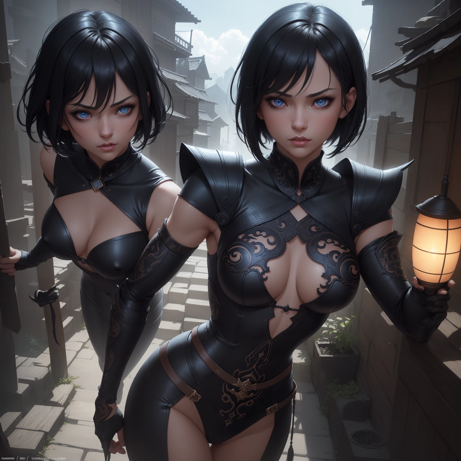 1girl, short bob hair, black hair, small breasts!, blue sky eyes!!!, fair skin, serious face, sexy tight black ninja outfit, night!!, medieval japanese town, very sexy body, detailed face, beautiful detailed eyes, beautiful detailed lips, extremely detailed eyes and face, long eyelashes, detailed clothing, intricate details, highly detailed, photo realistic, 8k, best quality, masterpiece, cinematic lighting, dramatic lighting, vibrant colors, fantasy, digital art, concept art