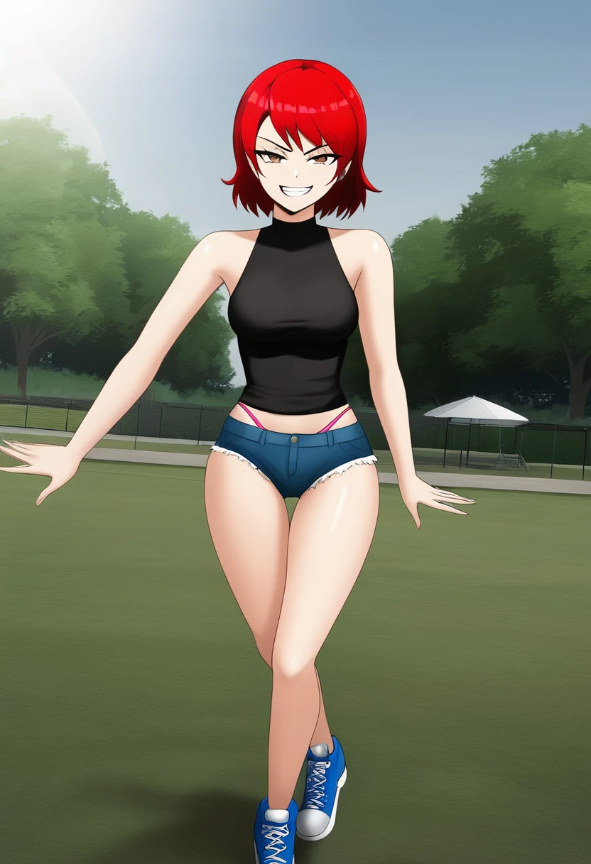 ((High Quality image 10k)) (( perfect autonomy)) Masterpiece, solo girl, brown eyes, red hair, wearing sleeveless black shirt, blue jean shorts, shorts are falling down, cute panties, sexy panties, evil smug grin, Standing, in the park 