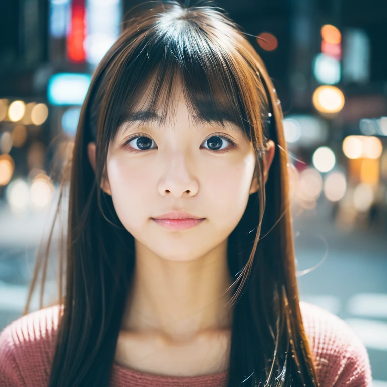 beautiful Japanese woman,double eyelid,clear skin,round face,long face,Swept bangs,in the tokyo,short by DSLR,Adoravle 18 years old,head shot,from front,long hair